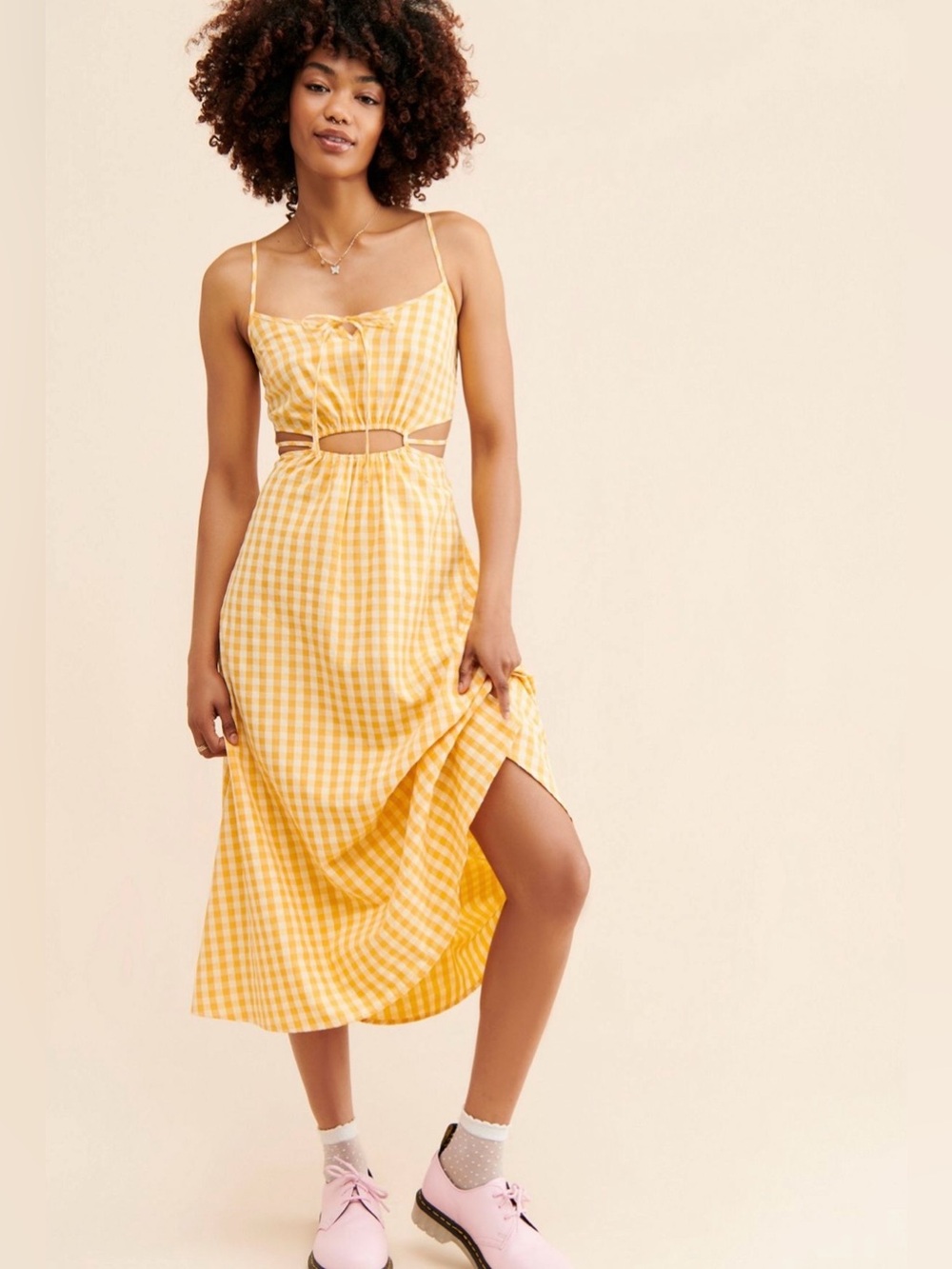 Free People Find Me Now Sacha Yellow Gingham Cutout Midi Dress Large